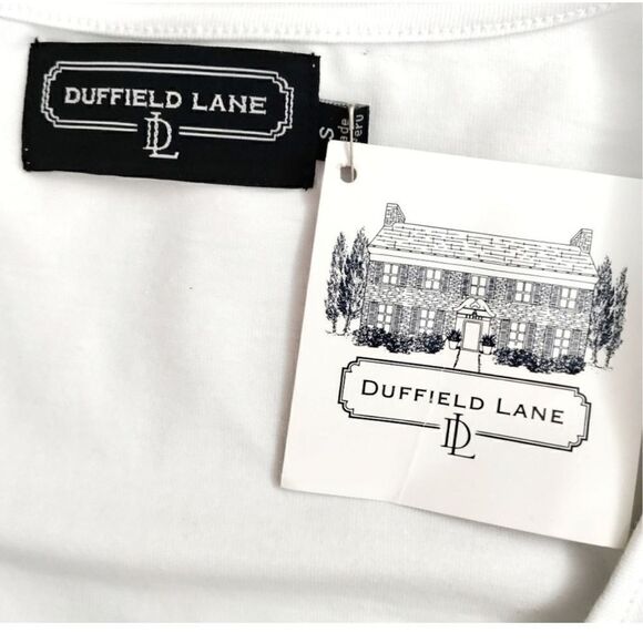 DUFFIELD LANE 3/4 SLEEVE SCALLOPED DRESS NAVY & WHITE NEW SIZE S - Picture 7 of 7